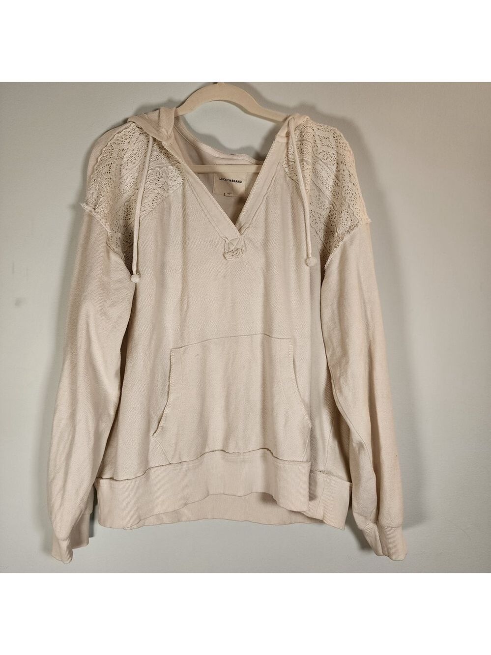 Lucky Brand Crochet Lace Trim Baja Hoodie XL Cream Boho NWOT 146721 - Picture 1 of 7